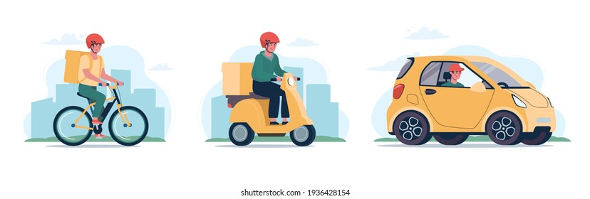 Online delivery service concept, online order tracking, home and office delivery. Bicycle courier, moped and delivery vehicle electric car. Set of vector illustrations in flat style