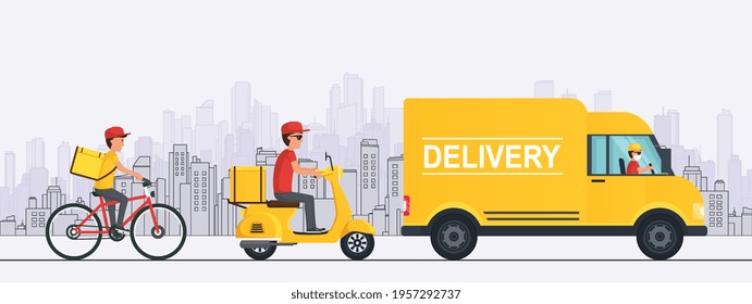 Online delivery service concept order goods and food to home, office and warehouse. Truck, scooter and bicycle courier.