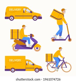 Online delivery service concept, online order tracking, delivery home and office. Warehouse, truck, scooter and bicycle courier, delivery man in respiratory mask. Vector illustration