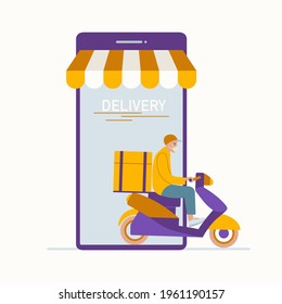 Online delivery service concept, online order tracking, delivery home and office. Scooter delivery man in respiratory mask. Vector illustration