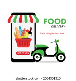 Online delivery service concept, online order tracking, delivery home and office. Warehouse, truck, drone, scooter and bycicle courier, delivery man. Vector illustration