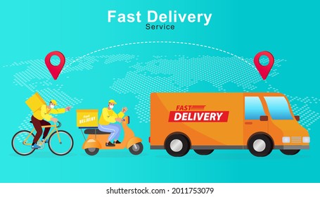 Online delivery service concept, online order tracking. Warehouse, truck, scooter and bicycle courier, delivery man in respiratory mask. COVID-19. Quarantine in the city. Vector illustration.