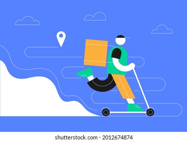 Online delivery service concept, online order tracking, delivery home and office. Scooter courier, delivery man drives a scooter. Vector flat linear illustration.