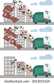 Online delivery service concept, online order tracking, delivery home and office. Japanese food concept art. Food flies out of the car.