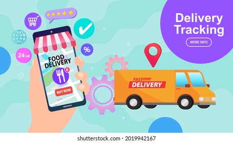 Online-Lieferservice-Konzept, Online-Bestellverfolgung. Lager, Lastwagen, Kurier. Schnelle Lieferung per Bus. digitales Marketing. Internet-E-Commerce. Vektorgrafik.