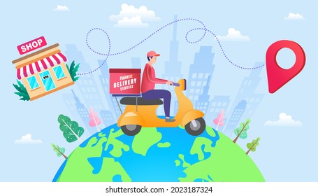Online delivery service concept, online order tracking. man is riding a scooter on the globe. Shopping on social networks flat design style. vector illustration.