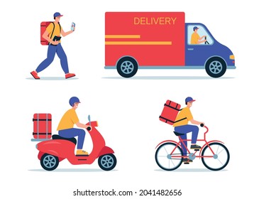 Online delivery service concept, online order tracking, delivery home and office. Delivery man with parcel box on bycicle, scooter, in car and on foot. Flat vector illustration isolated on white.