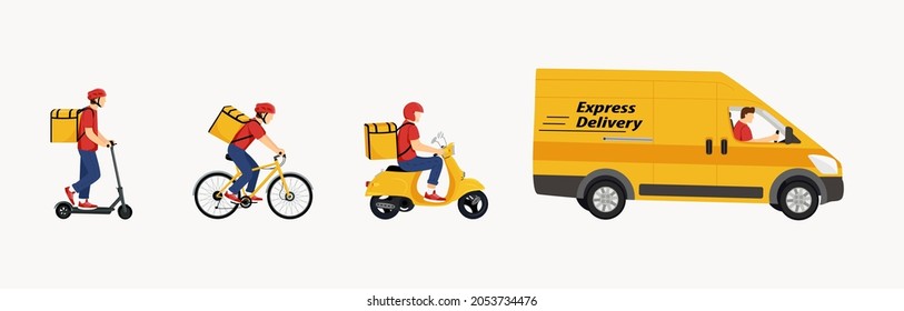 Online delivery service concept, online order tracking, home and office delivery. Vector illustration of couriers on a scooter, bicycle, car. Webpage, Application Design