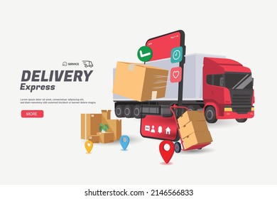 Online delivery service concept, online order tracking,Delivery home and office. City logistics. Warehouse, truck, forklift, courier, delivery man, on mobile. Vector illustration