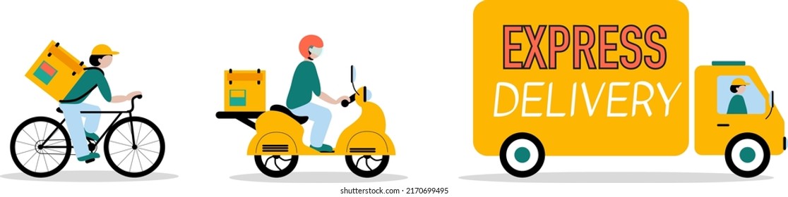 Online delivery service concept, online order tracking, delivery home and office. Bicycle, motorbike courier and truck delivery. Vector illustration 
