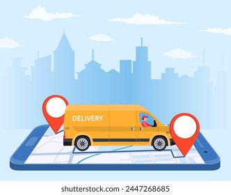 Online delivery service concept, online order tracking, delivery home and office. truck van courier. Isometric concept, goods shipping, food online ordering. Vector illustration in flat style