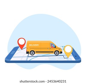 Online delivery service concept, online order tracking, delivery home and office. truck van courier. Isometric concept, goods shipping, food online ordering. Vector illustration in flat style