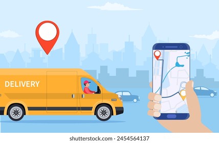 Online delivery service concept, online order tracking, delivery home and office. truck van courier. Online pizza order. goods shipping, food online ordering. Vector illustration in flat style