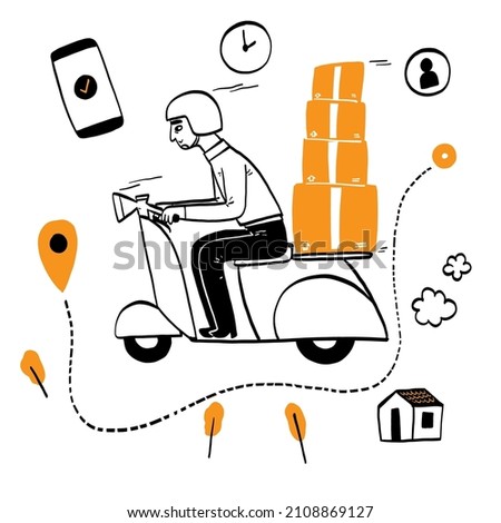 Online delivery service concept, online order tracking, Delivery home and office. City logistics, truck, courier, delivery man, on mobile, Hand drawn Vector illustration