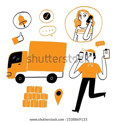 Online delivery service concept, online order tracking, Delivery home and office. City logistics, truck, courier, delivery man, on mobile, Hand drawn Vector illustration