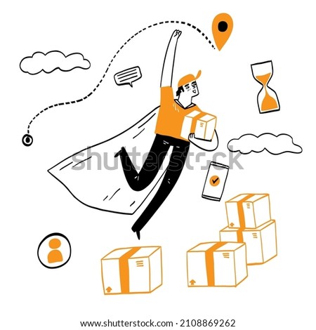 Online delivery service concept, online order tracking, Delivery home and office. City logistics, truck, courier, delivery man, on mobile, Hand drawn Vector illustration
