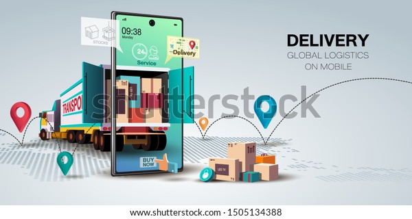 Online\
delivery service concept, online order tracking,Delivery home and\
office. City logistics. Warehouse, truck, forklift, courier,\
delivery man, on mobile. Vector\
illustration