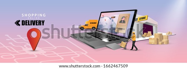 Online\
delivery service concept, online order tracking,Delivery home and\
office. City logistics. Warehouse, truck, forklift, courier, Chat\
Order products on computer. Vector illustration\
