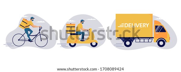 Online
delivery service concept, online order tracking, delivery home and
office. Warehouse, truck, scooter and bicycle courier, delivery man
in respiratory mask. Vector illustration
art