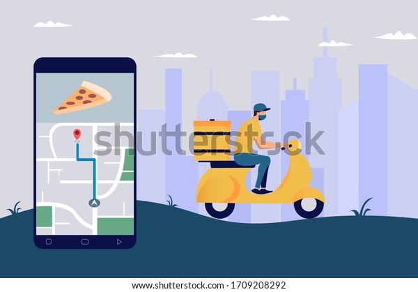 Online delivery service concept, online order\
tracking, delivery home and office. Warehouse, truck, drone,\
scooter and bicycle courier, delivery man in respiratory mask.\
Vector illustration art