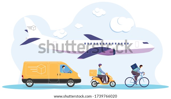 Online delivery service concept, online\
order tracking, delivery home and office. Warehouse, truck,\
airplane, scooter and bicycle courier, delivery man in respiratory\
mask. Vector\
illustration