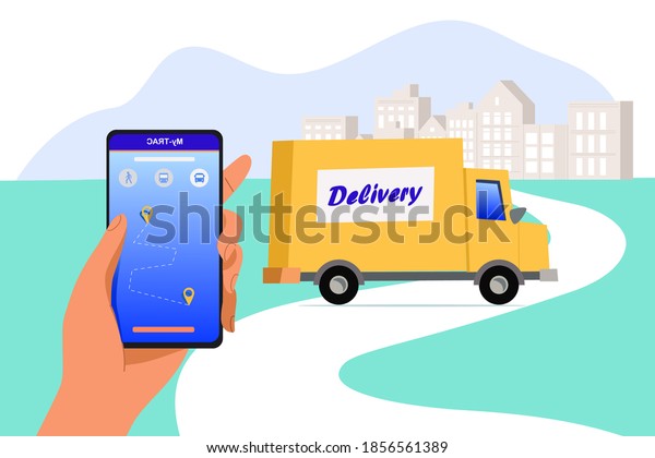 Online delivery service\
concept, online order tracking,Delivery home and office.Vector\
illustration. 