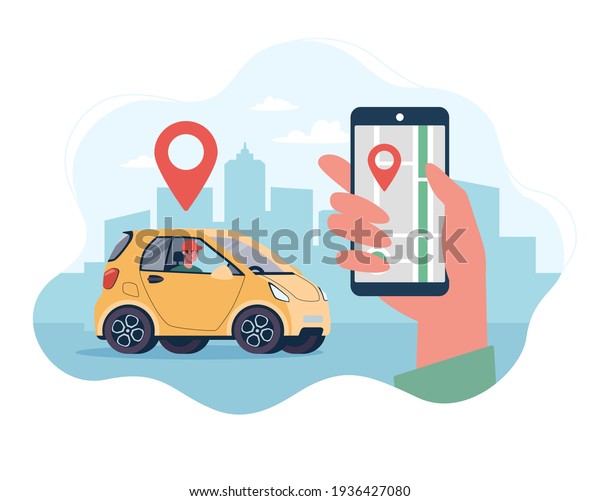 Online delivery\
service concept, online order tracking, home and office delivery.\
Courier on an electric car. Vector illustrations in a flat style on\
the background of the\
city