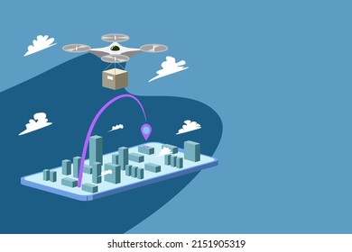 Online delivery service concept, A Package is delivered by a drone fly through the sky.