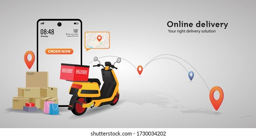 	
Online delivery service concept. Perfect for landing page, delivery website, banner, background, application, poster, on mobile. Horizontal view