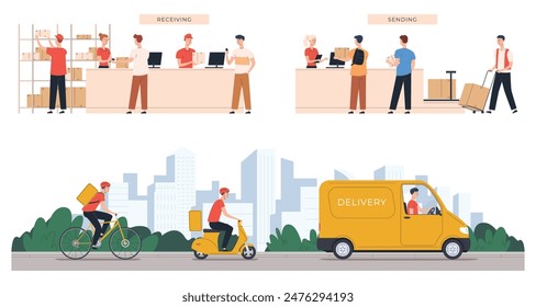 Online delivery service concept. Postal service for sending parcels. Courier services. Home delivery of goods to the office, self-pickup. Vector illustration