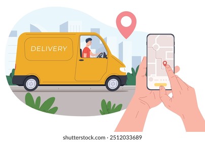 Online delivery service concept. Postal service for sending parcels. Courier services. Home delivery of goods to the office, self-pickup. Vector illustration