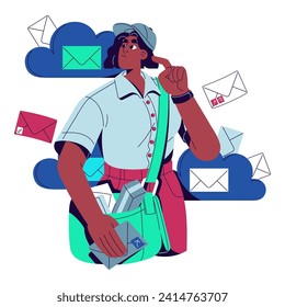 Concepto de servicio de entrega en línea. Postman lleva la bolsa de mailman con paquetes, sobres. Correo electrónico, publicación digital. Enviar correo en Internet, cartas en papel por transportista. Ilustración vectorial aislada plana en blanco
