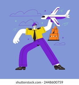 Online delivery service concept. Postman sends boxes of goods by express postal plane. Pilot carrier delivers packages, parcels. Logistic of shopping orders. Flat isolated contour vector illustration