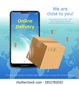 Online delivery service concept. Realistic phone and package box. Suitable for banner, background, application, poster, on mobile. Horizontal view