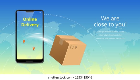 Online delivery service concept. Realistic phone, plane and package box. Suitable for landing page, delivery website, banner, background, application, poster, on mobile. Horizontal view