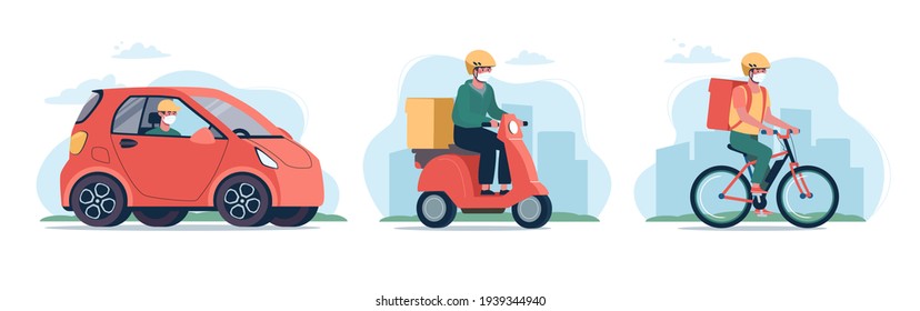 Online delivery service concept, safe quarantine. Courier man in a medical mask on a bicycle, a moped and an electric car. Set of vector flat illustrations, transport, red.