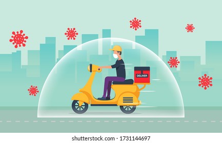 Online delivery service concept. Scooter and bicycle courier, delivery man in respiratory mask. Vector illustration