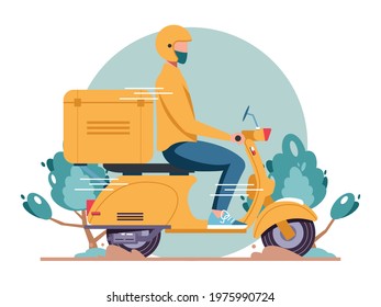 Online delivery service concept. scooter delivery man in respiratory mask