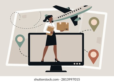 Online delivery service concept showing female courier stepping out of computer screen with a box against a world map.