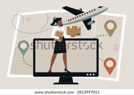 Online delivery service concept showing female courier stepping out of computer screen with a box against a world map.