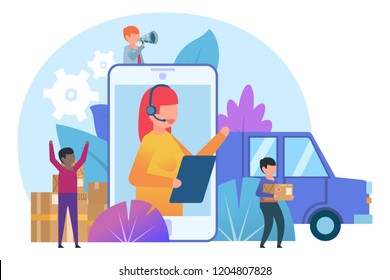 Online delivery service concept. Small people stand near smartphone, delivery packages, car. Poster for banner, social media, web page, presentation. Flat design vector illustration