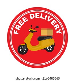 Online delivery service concept stamp, Free delivery motorbike vector illustration. Free shipping motorbikes. Free Shipping by motorbike.