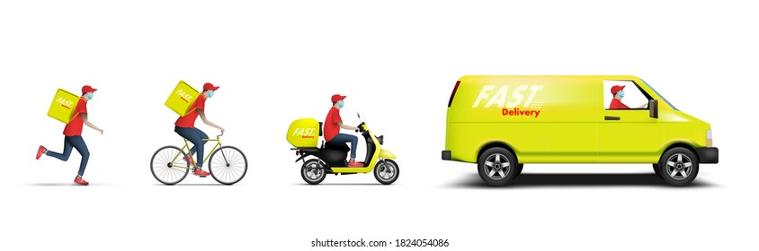 Online Delivery Service Concept Template. Delivery By Truck, Scooter, Bicycle And On Foot Courier. EPS10 Vector
