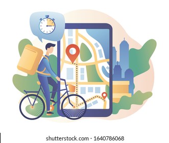Online delivery service concept. Tiny courier on bike. Order tracking. Smartphone with mobile app for Delivery tracking. Modern flat cartoon style. Vector illustration on white background