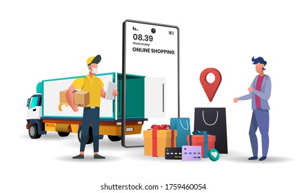 Online delivery service concept with Truck delivery, online order tracking, delivery home and office.3d vector illustration,Hero image for website