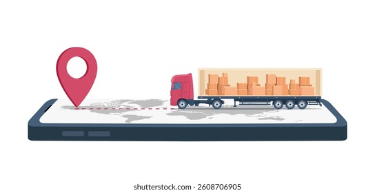Online delivery service concept. A truck, cardboard boxes and a smartphone with a world map. Vector illustration.