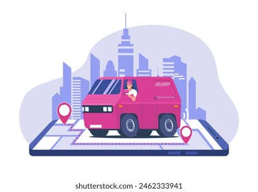 Online delivery service concept. A delivery van speeds along the route. Vector illustration.