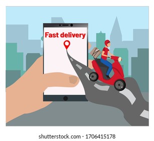 Online delivery service concept. Vector. Moped with a courier. Fast courier. Fast delivery. Can be used for restaurant food service, mail delivery, postal service, goods delivery service.