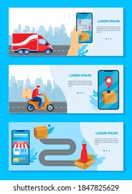 Online delivery service concept vector illustration. Cartoon flat delivering boxes of goods banner collection with human hand ordering using mobile smartphone shop app, deliver order fast tracking set