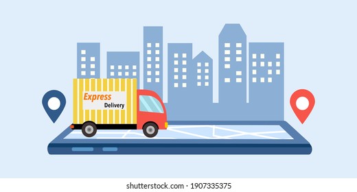Online delivery service concept vector illustration. Order tracking via smartphone and internet. Design for web, landing page, banner, poster. Logistic process and delivery man.